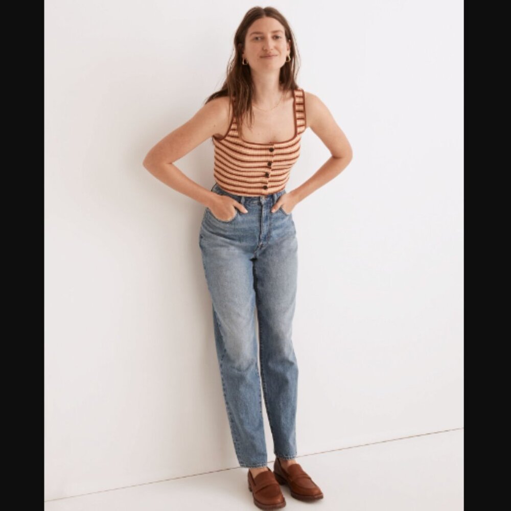 Madewell (Re)sourced Ribbed Button-Front Crop Tank Top Blouse  in Braxton Stripe